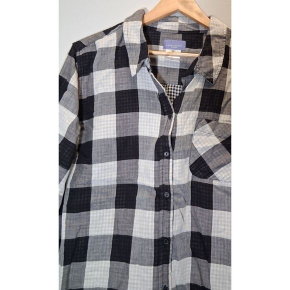 womens 1X Laura Scott blouse black white plaid gauzy cotton roll tab collared - Picture 2 of 9